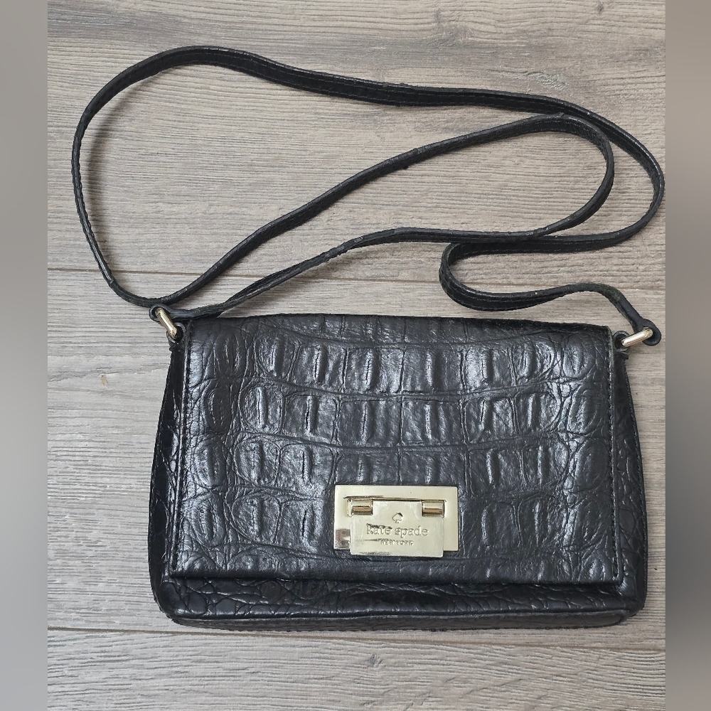 Kate Spade 100% Leather Croc Black Shoulder Bag Crossbody Gold Tone Hardware